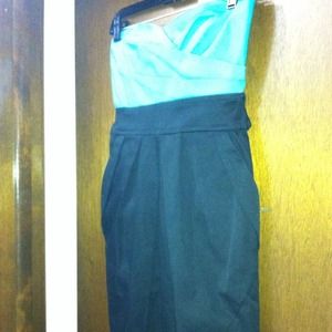 Blue and black color block strapless dress