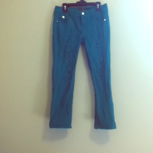 Aqua Green Distressed Skinnies