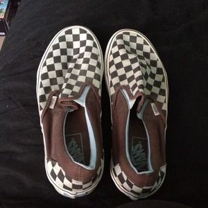 Vans brown and powder blue checkered slip ons