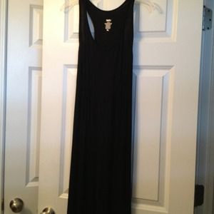 Black racer back tank maxi dress with tan stripes