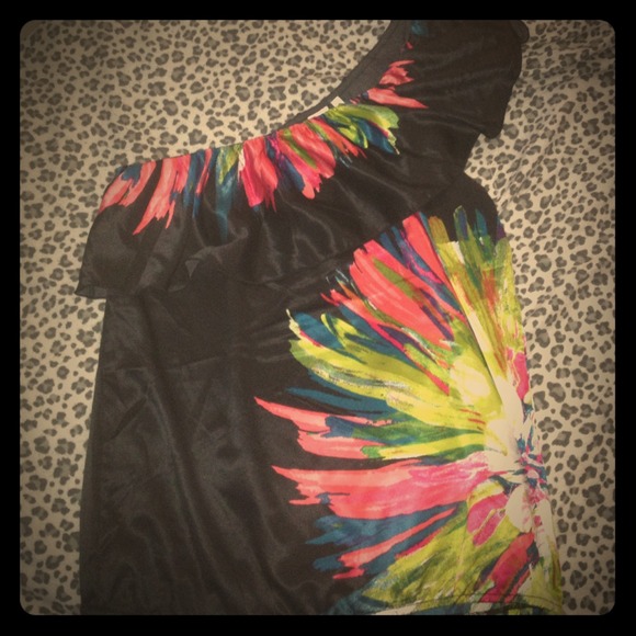 One shoulder black ruffle top