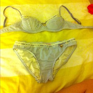 NWOT Blue and Cream Striped Swimsuit
