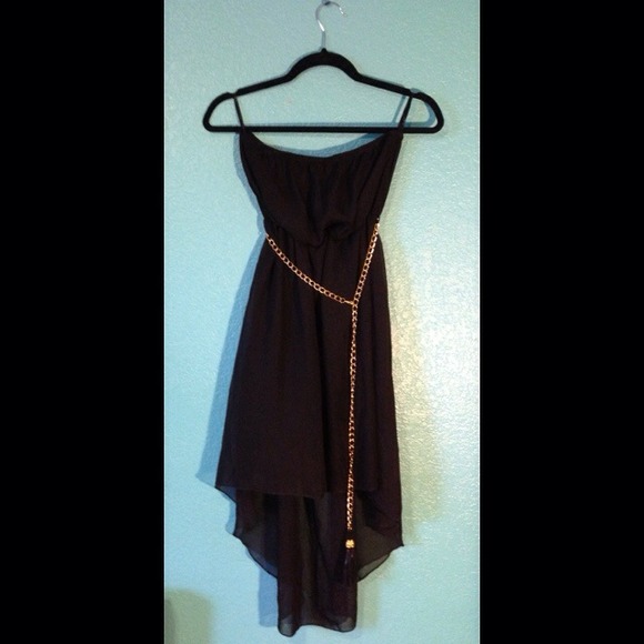 Black high low dress with gold chain belt