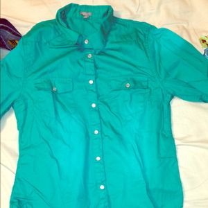 Blueish, green button up. Never worn!