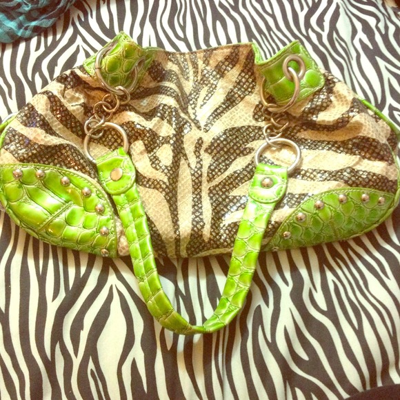 Green and zebra stripped leather purse
