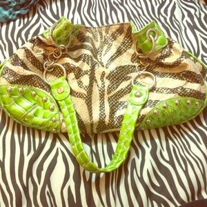 Green and zebra stripped leather purse