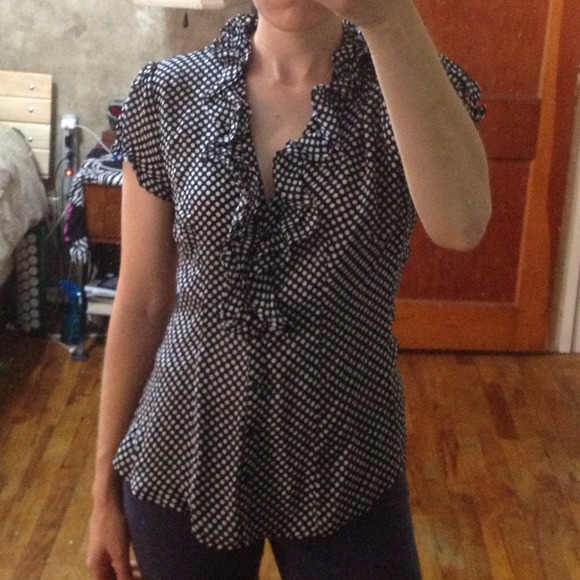 WHBM black polka dot frilly sheer top