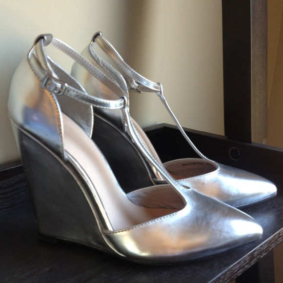 ASOS Shoes - Asos metallic silver t-strap wedges