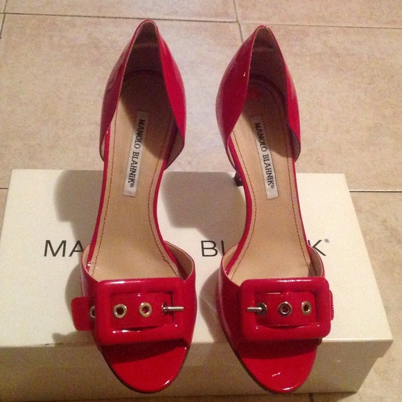 MANOLO BLAHNIK Red Patent Peep Toe Pumps Size 37.5 - Picture 2 of 4