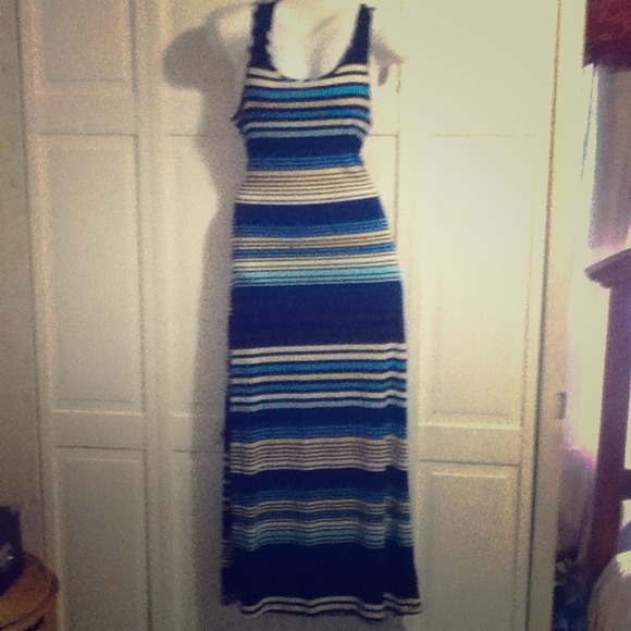 Long blue/black/white striped tube dress