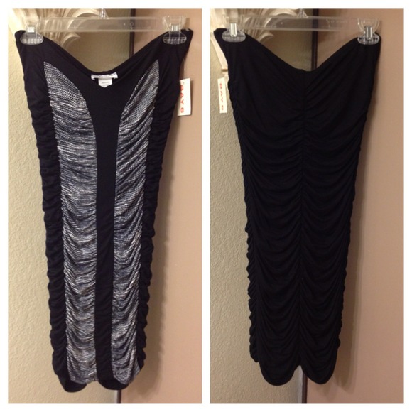 Misope strapless black dress w/ snake print panels
