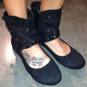 Black Suede Flats w/ Studded Strapped Ankle Cuffs