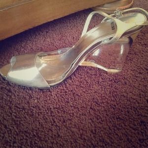 Stuart Weitzman silver and clear wedge heels