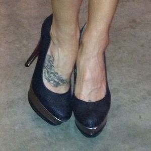 Black faux snake skin heels w/ silver platforms