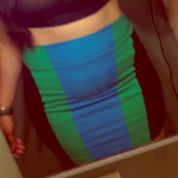 Turquoise and Green color blocking pencil skirt