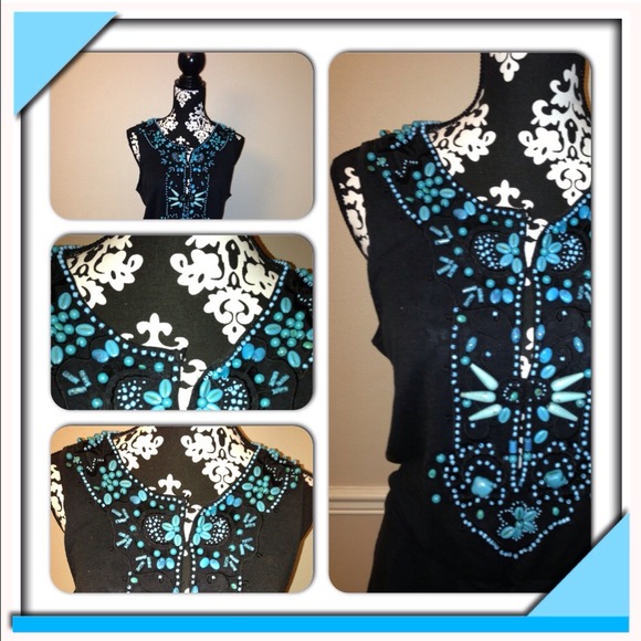 VOTRE NORM Tops - SOLD🎉🎉🎉🎉🎉BLACK TURQUOISE BEADED  LIKE BLOUSE