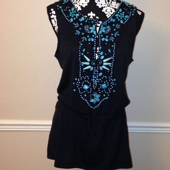 SOLD๐๐๐๐๐BLACK TURQUOISE BEADED LIKE BLOUSE - Picture 2 of 4