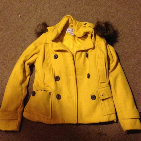 Yellow peacoat with detachable fur lined hood