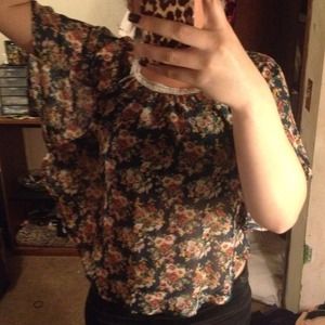 Navy Blue & Floral Print Mesh Top