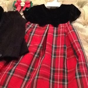 Girls Christmas dress, sweater, and bow