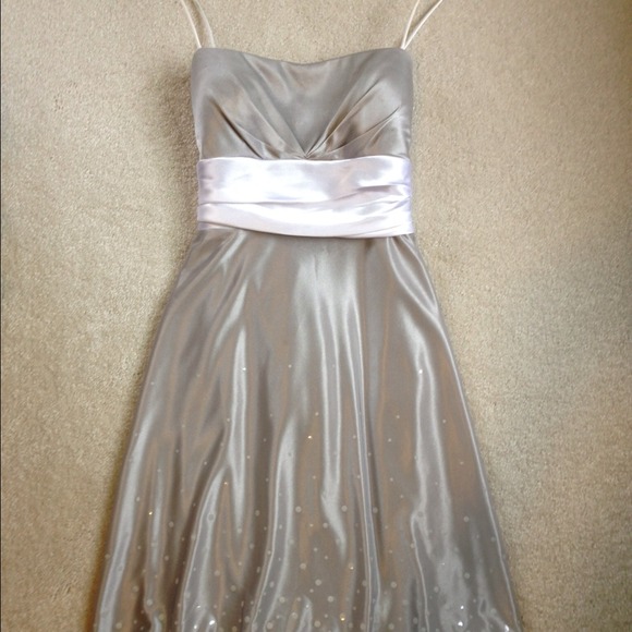 Silver satin semi formal dress