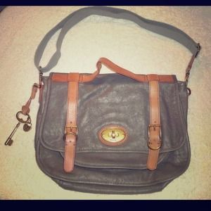 Fossil Grey & Brown Leather Crossbody Bag Purse