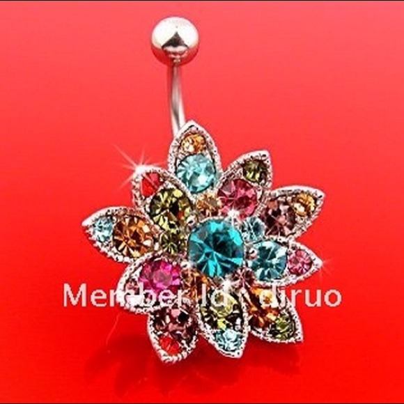 flower petal multi color crystal belly ring NEW - Picture 1 of 1
