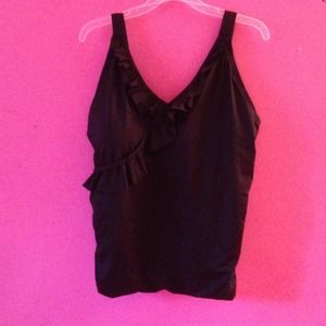 Black one piece swimsuit with front ruffle