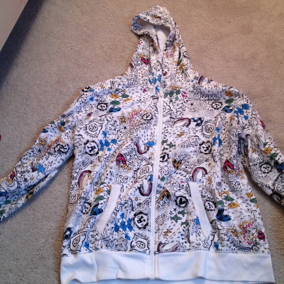 Zip up white "graffiti" patterned sweatshirt