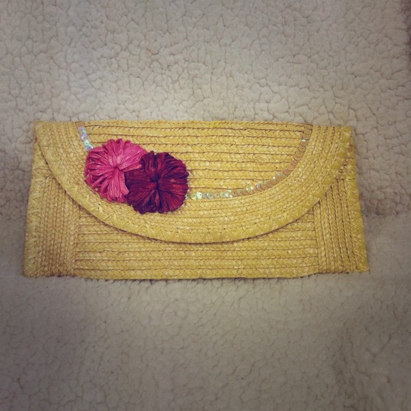 Old Navy Straw Flat Clutch w/ Sequins & Flowers
