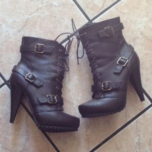 Dark Brown Combat Heel Booties with Buckle details