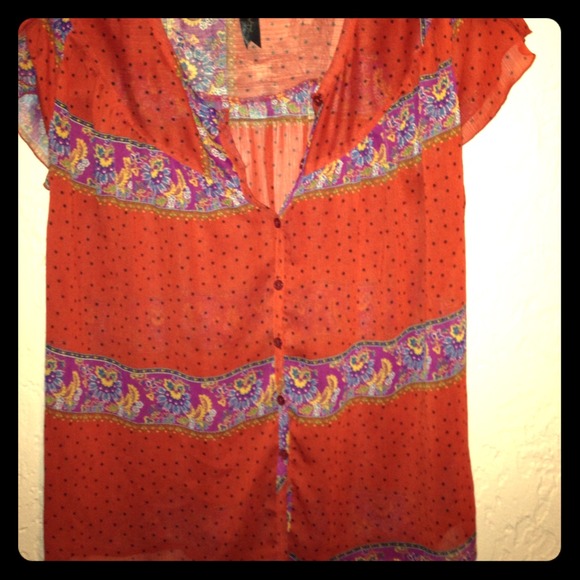 Sheer Red Polka Dot Blouse, Size Large