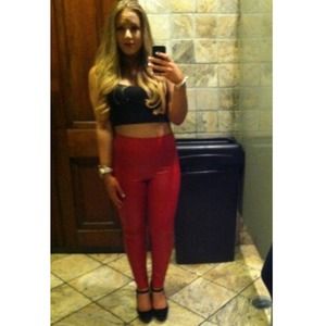 Tight red highwaisted pleather pants