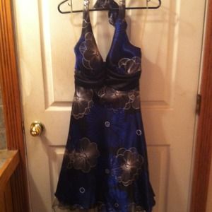 Black dress with white & blue flowers tool bottom