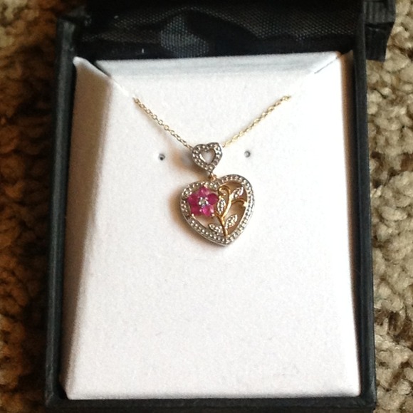 Ruby & diamond sterling silver .925 heart necklace