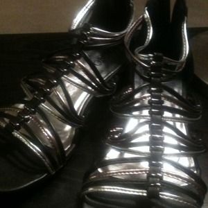 Black and silver gladiator sandals, zipper backs