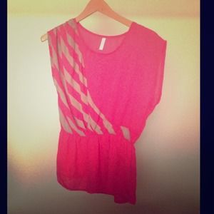 Sheer bright coral top with tan stripes!