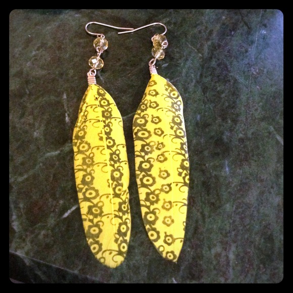 Yellow feather earrings