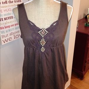 Chocolate brown tank top with wood and lace detail