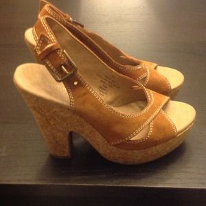 Camel suede cork heel sandals