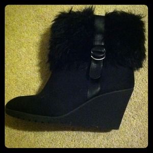Faux fur wedge booties