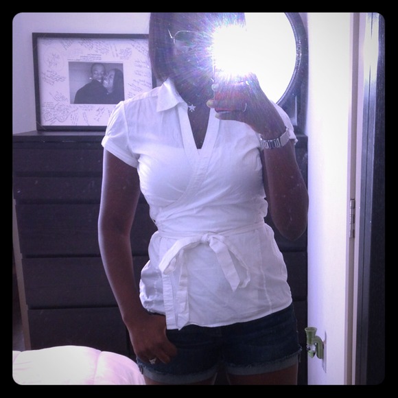 Banana Republic, short-sleeved, white wrap shirt.