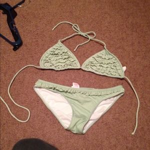 Green stripe ruffle bikini. S bottom / m top