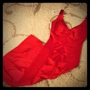 Red satin, form fitting cocktail dress