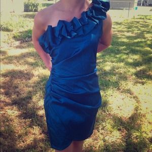 S. L. Fashions teal one-shoulder cocktail dress