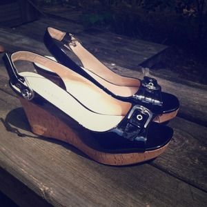 Black Patent Leather Open Toe Wedge Heels Sz 11