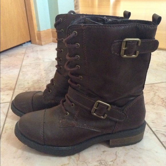 Brown leather combat boots