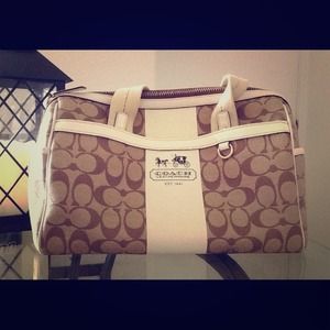 Coach signature heritage zip satchel khaki white