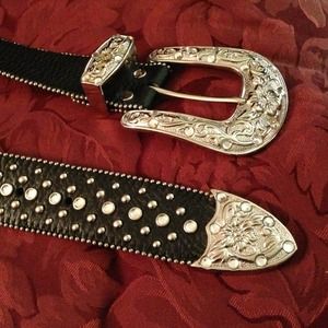Rhinestone Western Black Italian Leather Belt