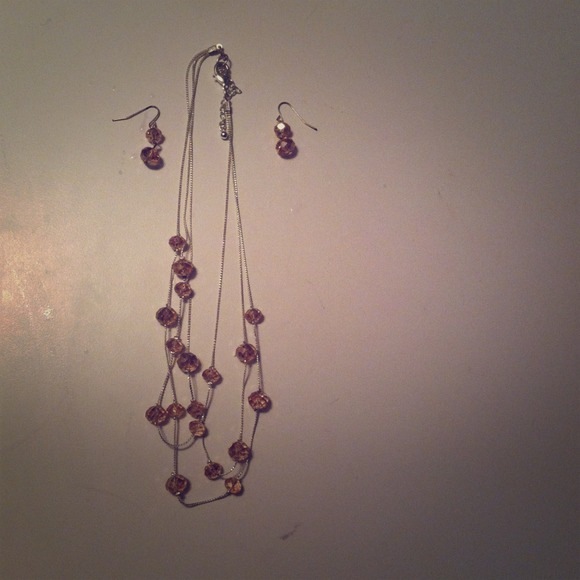 Pink crystal necklace earring set